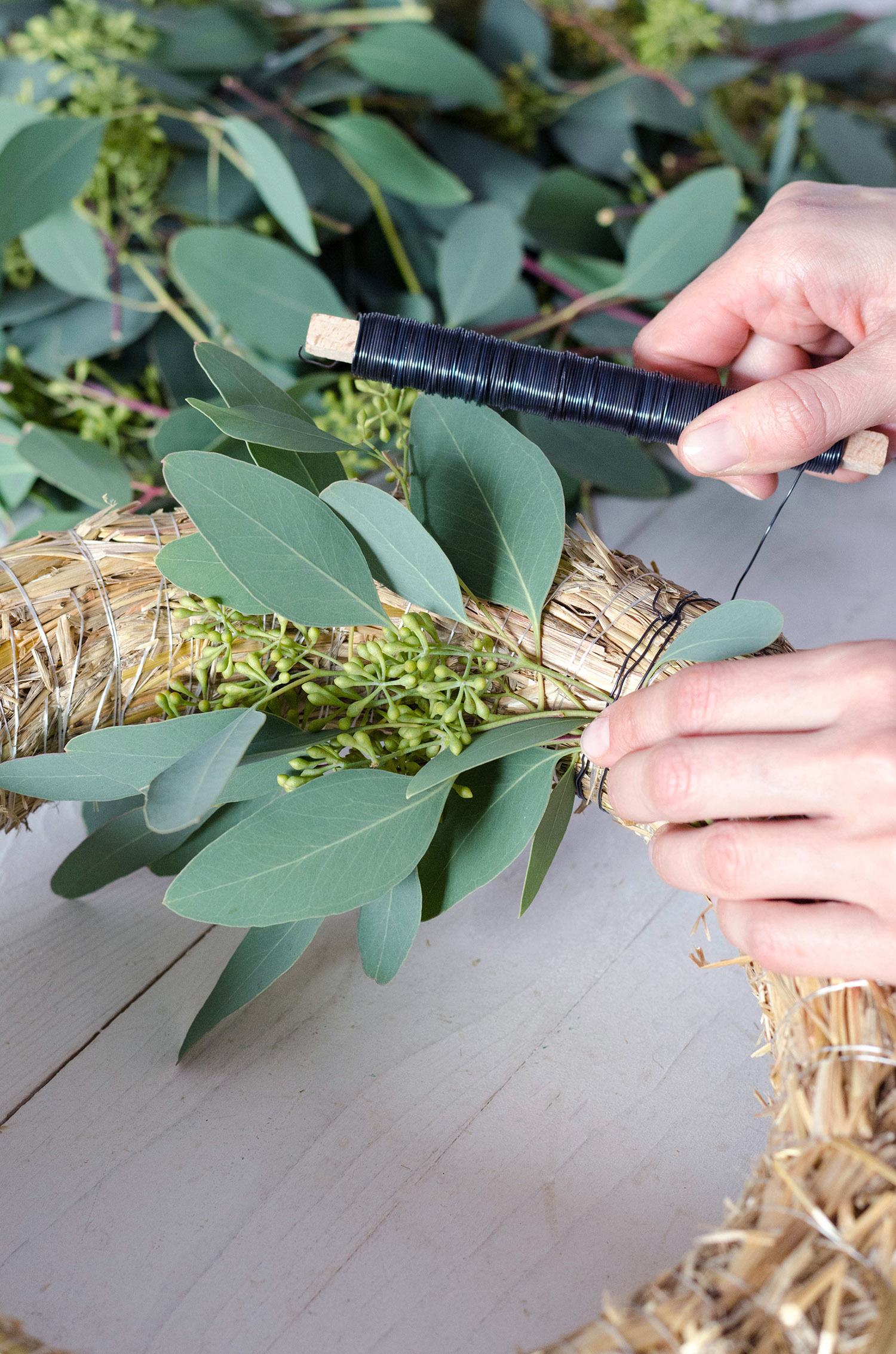 Erste Eukalyptusbündel am Strohrömer befestigen für einen modernen Adventskranz