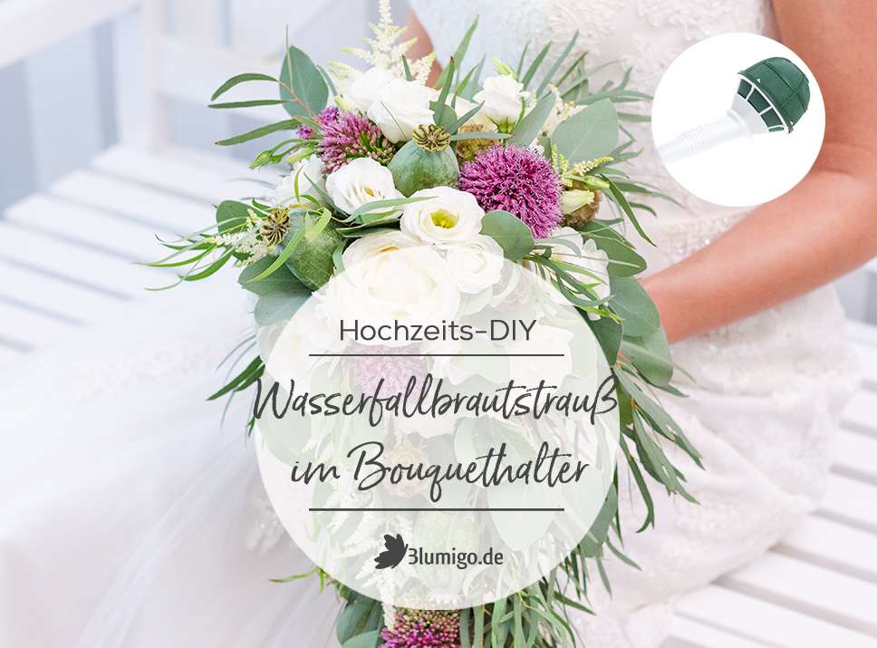 Brautstrauß im Bouquethalter – Teil 2: Wasserfall-Brautstrauß in Weißtönen mit lila Akzenten