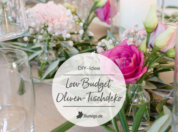 Tischdeko für eine Hochzeit mit Olivenzweigen – Eine Variante für das kleine Budget